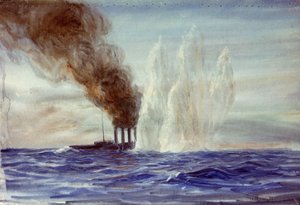 Southampton Jyllannin taistelussa, noin 1916-18 (akvarelli). tekijältä William Lionel Wyllie