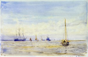 Hamble-joki (Englanti) ja veneily. William Lionel Wyllien (1851-1931) akvarelli 1800-luvun lopulla. tekijältä William Lionel Wyllie