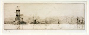 Yhdysvaltain taistelulaivat "New York" ja "Texas" Rosythin edustalla, noin 1918 (etsaus, grafiitilla käsitelty). tekijältä William Lionel Wyllie