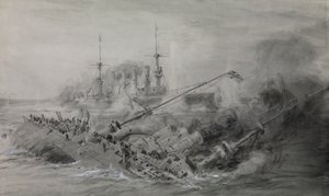 Scharnhorstin ja Gneisenaun viimeinen laiva; Falklandinsaarten taistelu, 8. joulukuuta 1914, noin klo 16.15, n. 1915-18 (pesu, harmaa, valkoisella korotettu). tekijältä William Lionel Wyllie