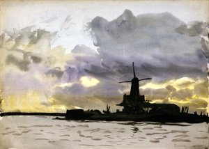 Tuulimylly Zaandamissa, Amsterdamin pohjoispuolella (Alankomaat). Akvarelli tekijältä William Lionel Wyllie