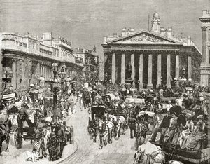 Englannin keskuspankki ja kuninkaallinen pörssi 1800-luvulla, pastori Richard Lovettin teoksesta "London Pictures: Drawn with Pen and Pencil", julkaistu 1890