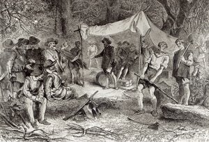 Ensimmäinen päivä Jamestownissa, 14. toukokuuta 1607, Augustus L. Masonin teoksesta The Romance and Tragedy of Pioneer Life, 1883 (kaiverrus) (bundw-kuva)