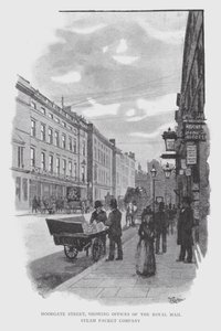 Moorgate Street, joka näyttää Royal Mail Steam Packet Companyn (litho) toimistot tekijältä William Luker