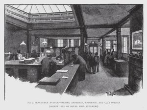 No 5 Fenchurch Avenue, herrat Anderson, Anderson ja Co:n toimistot, Orient Line of Royal Mail Steamers (litho) tekijältä William Luker