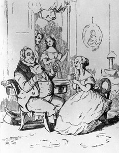 Becky Sharpin kietoutunut herra Joseph Sedley, kuvitus Vanity Fairin ensimmäiselle luvulle, William Makepeace Thackerayn (1811-1863) romaani, kaiverrus William Makepeace Thackerayn (1811-1863) piirtämänä, julkaistu Chicagossa vuonna 1882.