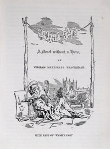 "Vanity Fair, romaani ilman sankaria" otsikkosivu, jossa on taiteilijan ja kirjailijan omakuva, pubi. 1848