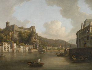 French: Une vue du château de Pierre-Scize à Lyon Näkymä Pierre Encisen linnaan Rhônen varrella Lyonissa. tekijältä William Marlow