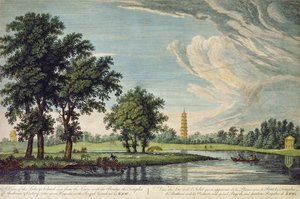 Kew, Näkymä järvelle ja saarelle nurmikolta nähtynä sillan, Arethusan ja Victoryn temppeleillä ja suurella pagodilla Kew