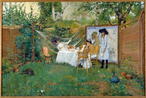Aamiainen ulkona noin 1888 Nuoret naiset puutarhassa, yksi heistä riippumatossa. William Merritt Chasen (1849-1916) maalaus 1888 Toledo. Taidemuseo tekijältä William Merritt Chase