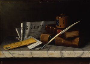 Asetelma, jossa on kirje herra Clarkelle, 1879 (öljy kankaalle kiinnitettynä masoniitille). tekijältä William Michael Harnett