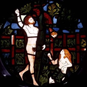 Adam ja Eeva poimivat hedelmiä, yksityiskohta luomisikkunasta tekijältä William Morris