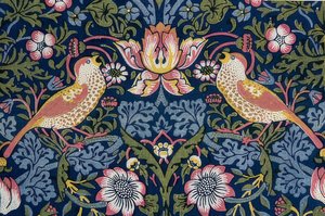 Mansikkavaras. Sisustuskangas (yksityiskohta). 1883 tekijältä William Morris