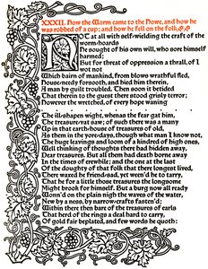 Kelmscott Press: sivu teoksesta The Tale of Beowulf painettu Troy Type -kirjaimella, n. 1895, 1914. tekijältä William Morris
