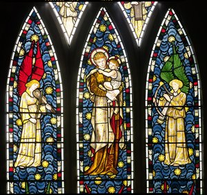 Madonna ja lapsi ja kaksi enkeliä, yksityiskohta ylemmästä puoliskosta Enkelit ikkunan, 1869 lasimaalauksia yksityiskohta 120165 tekijältä William Morris