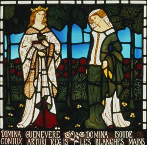 Kuningatar Guinevere ja Valkoisten käsien Isolde, teoksesta "The Story of Tristan and Isolde", William Morris ja Co., 1850 (lasimaalauksia). tekijältä William Morris