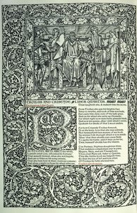 Kohtaus "Troilus ja Criseyde", historiallinen alkukirjain "B", käsikirjoitus koko sivureunuksella, 1896 tekijältä William Morris