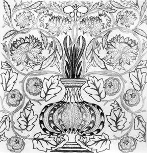 "The Flower Pot", William Morrisin (1834-96) suunnittelema ja May Morrisin toteuttama kirjailtu paneeli (s/w-kuva). tekijältä William Morris