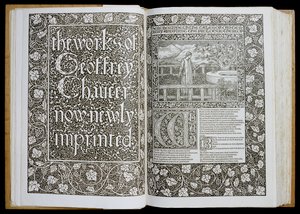 Nimilehti ja etupuoli teoksesta "The Works of Geoffrey Chaucer", julkaissut Kelmscott Press vuonna 1896 (puupiirros) tekijältä William Morris