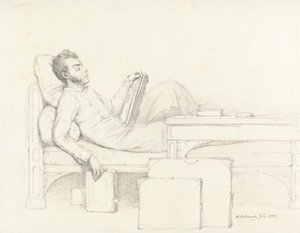 Omakuva taiteilijasta, joka makaa goottilaisella sohvalla lukemassa kirjaa tekijältä William Mulready