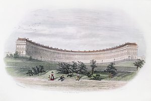Royal Crescent, Bath, puistosta, kaiverrus J. Shury, n. 1840 tekijältä William N. Hardwick of Bath