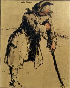 John Silver, kuvitus artikkelista "Characters of Romance", julkaistu ensimmäisen kerran 1900 (värilitho) tekijältä William Nicholson