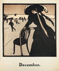 Joulukuu: Luistelu, "Kahdentoista urheilulajin almanakista", Rudyard Kiplingin sanoilla, ensimmäisen julkaisija William Heinemann tekijältä William Nicholson