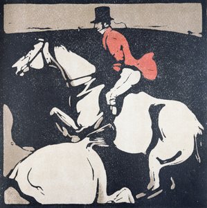 Tammikuu: Metsästys, "Kahdentoista urheilulajin almanakista", Rudyard Kiplingin sanoilla, ensimmäisen julkaisija William Heinemann tekijältä William Nicholson