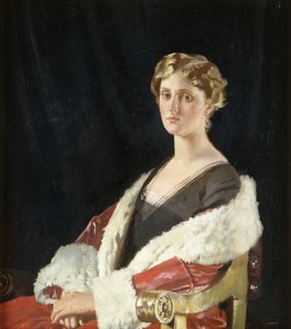 Muotokuva Nancy Oswald Smithistä, istuva puolipitkä, punaisessa turkisvuoratussa takissa, 1915 tekijältä William Orpen