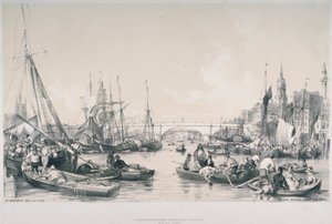 Näkymä uudelle London Bridgelle Thames-joen altaalta, 1841 tekijältä William Parrott