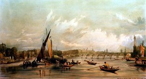 Waterloon silta lännestä ja venekilpailu (litografia). tekijältä William Parrott