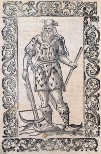 Mies, jolla on turkismekko, varsijousi ja kierrekärkiset kengät (esimerkki alkeellisista suksista), Cesare Vecelliolle (1521-1601) liittyvä kuva, julkaistu Italiassa 1500-luvulla tekijältä Nicolas Toussaint Charlet