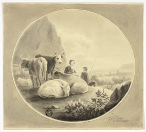 Paimentolaiset, lehmät ja lampaat maisemassa tekijältä William Pether