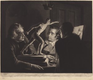 Kolme henkilöä katselemassa Gladiaattoria kynttilänvalossa tekijältä William Pether after Joseph Wright