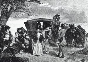 Valtatiemies Claude Duval on kuvattu legendaarisessa hetkessä, jolloin hän kieltäytyy ottamasta kaikkea saaliinsa, jos hänen uhrinsa vaimo tanssii "couranten" hänen kanssaan Hounslow Heathissa (kaiverrus)