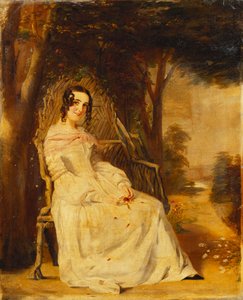 Muotokuva Mary Freeristä, joka istuu pienessä kokovartalossa puutarhaistuimella, tekijältä William Powell Frith