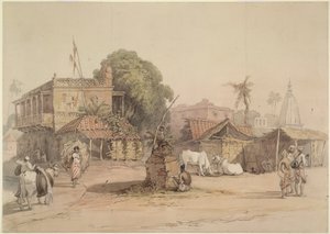 Kyläkohtaus, jossa on pieni "tulsi"-alttari ja vesikannettava härkä, Intia n. 1830-40