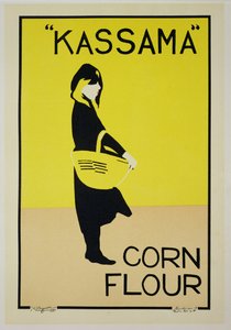 Jäljennös julisteesta, jossa mainostetaan "Kassama Corn Flour" (värilitho)