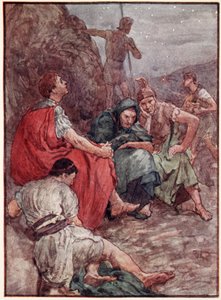 Brutus ja hänen seuralaisensa Filipin taistelun jälkeen, kuvitus teoksesta "Plutarkin elämä pojille ja tytöille", uudelleen kertonut W.H. Weston, Lontoo n. 1910 (väri litho) tekijältä William Rainey
