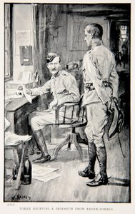 Yorke vastaanottaa lähetyksen Baden-Powellilta, piirrosten G.A.:n teoksesta "Robertsin kanssa Pretoriaan: Tarina Etelä-Afrikan sodasta". Henty, pubi. Lontoo, 1902 tekijältä William Rainey