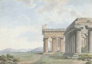 Näkymiä Levantissa: Paestumin temppelin rauniot, n. 1785 (wc, kynä ja muste grafiitin päällä paperilla) tekijältä William Reveley