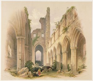 Kirkstallin luostari, nave ja kuoro, teoksesta "Yorkshiren luostarin rauniot", kaiverrus George Hawkins (1819-52), 1842 tekijältä William Richardson