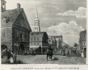Second Street North Market Street ja Christ Church, Philadelphia, piirustus William Russell Birch (1755-1834), paina R Campbell, Yhdysvallat