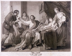Alfred Suuri jakamassa leipäänsä pyhiinvaeltajalle, 1782 tekijältä William Sharpe