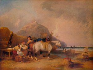 Rannikkokohtaus, hahmoja ja hevosia, c1841