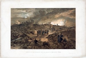 Krimin sota (1853-1856): Sebastopolin (Ukraina) piirityksen jakso, ranskalaiset joukot raunioiden joukossa Malakoffin tornin valloittamisen jälkeen, 8. syyskuuta 1855 (Malakoffin valloituksen jälkeen 8. syyskuuta 1855) - William Simpsonin litografia (18