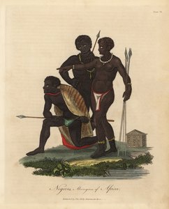 Etelä-Afrikan alkuperäisasukkaat keihäillä, eläimen nahkatakki, kaulakoru tekijältä William Smellie