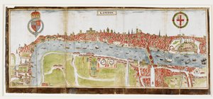 Sloane 2596, f.52 Näkymä Lontooseen etelästä, jossa näkyy Thames-joki, London Bridge ja Tower