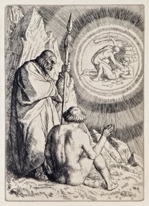 Michael asettaa Adamin eteen näyn John Miltonin (1608-1674) kadonneesta paratiisista 12 kuvituksen sarjan, jonka on kaivertanut William Strang (1859-1921) tekijältä William Strang