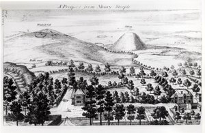 Näkymä Silbury Hillin Avebury-tornista, kuvitus William Stukeleyn teoksesta Stonehenge: brittiläisille druideille entisöity temppeli, 1740 tekijältä William Stukeley